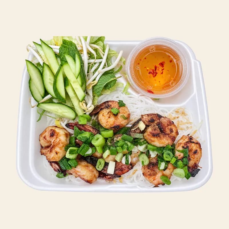 Vietnamese noodle salad with grilled shrimp, cucumber and fish sauce